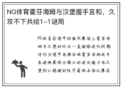 NG体育霍芬海姆与汉堡握手言和，久攻不下共绘1-1谜局