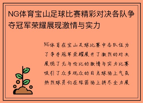 NG体育宝山足球比赛精彩对决各队争夺冠军荣耀展现激情与实力